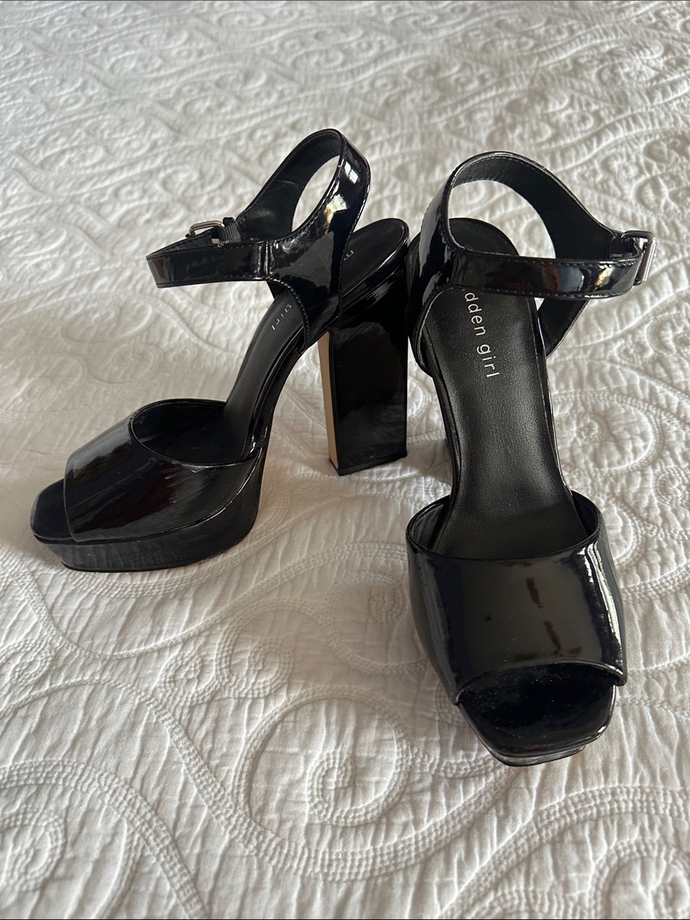 Women's Black Patent Platform Sandals with Block Heel
